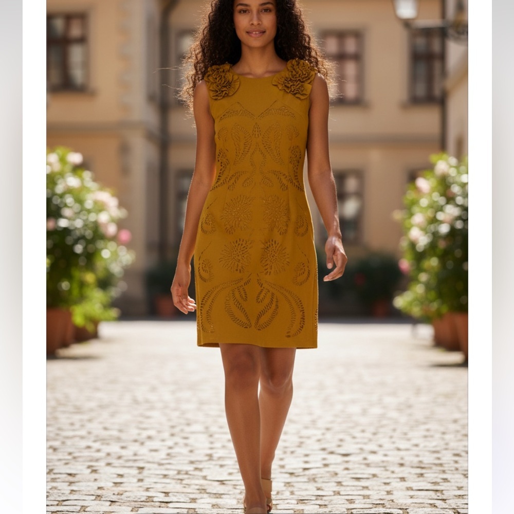 - NWT TATA JOLIE Ochre Mustard Yellow Wool Shift Mini Dress Sleeveless